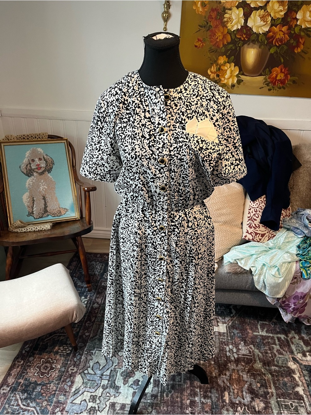 Women's Vintage Black and White Printed Button-Front Dress Size M